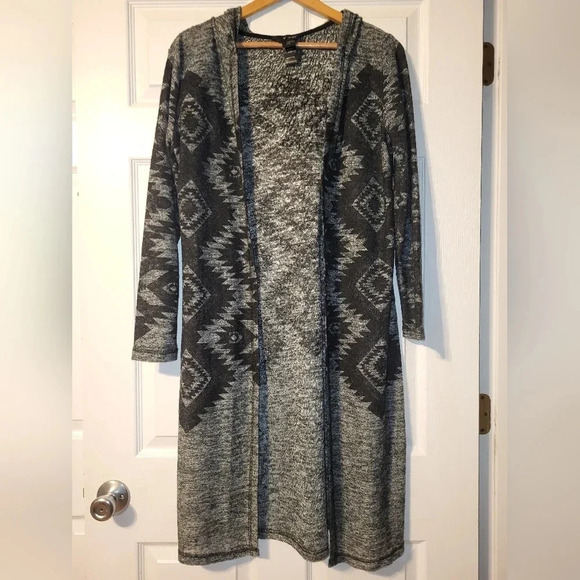 Ali Miles Gray Black Aztec Southwestern Print Mid Length Open Cardigan With Hood - Picture 1 of 5